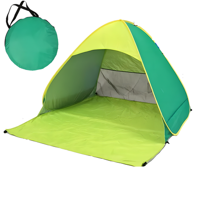 ProPop Anti-UV Easy Setup Pop-Up Tent in various colors, including Army Camouflage, Blue and Black, Blue, and Green and Yellow