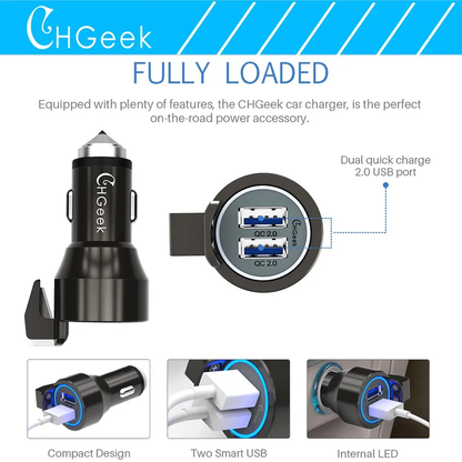 Smart Dual Car Charger with Safety Hammer and Seatbelt Cutter - Compact and Portable Charging Solution for Kiwi Drivers