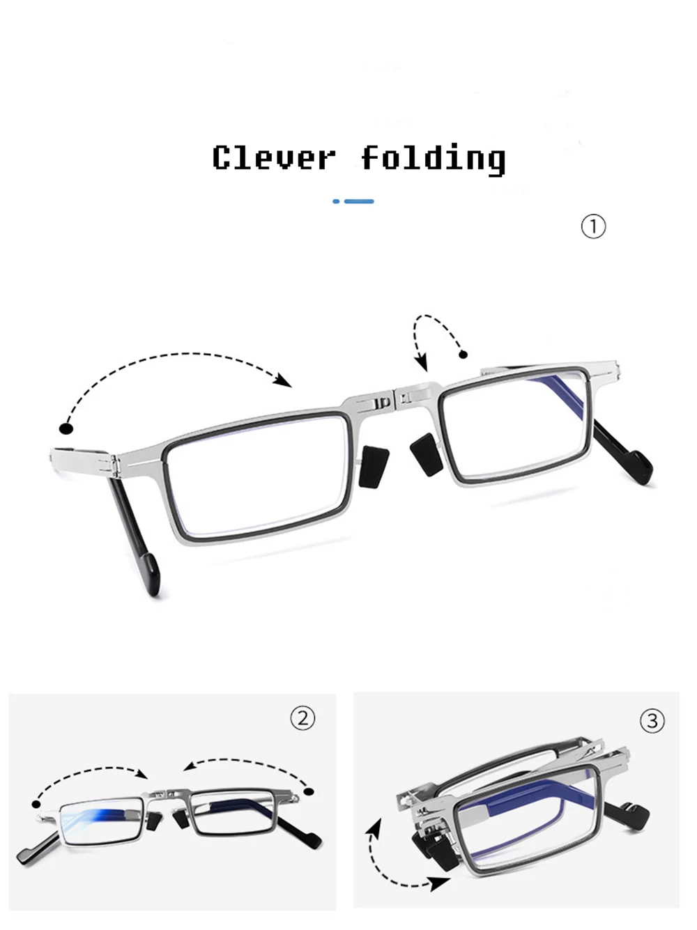 Anti-Blue Light Foldable Metal Reading Glasses with Stainless Steel Frame and Polycarbonate Lenses for Eye Protection