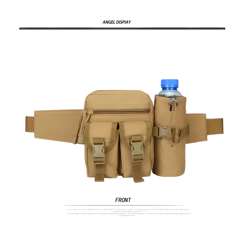 Tactical Water Bottle Waist Belt Pouch in various colours, including black, army green, and digital camo patterns, designed for active outdoor use in New Zealand.