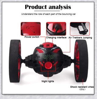 Mini 2.4GHz remote control bounce car in red and white, capable of jumping up to 31.5 inches high and performing stunts like 360-degree spins