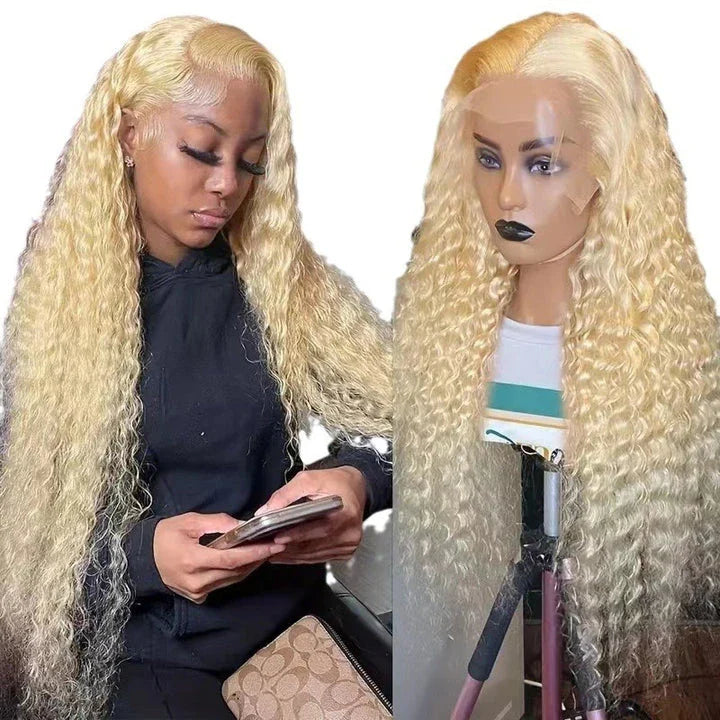 Stylish long curly synthetic wig with front lace design for natural, seamless look