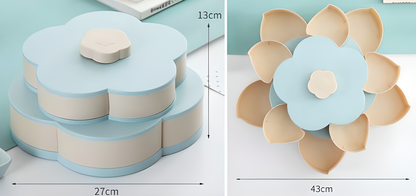 Flower-shaped expandable snack box with multiple compartments for serving a variety of treats and snacks