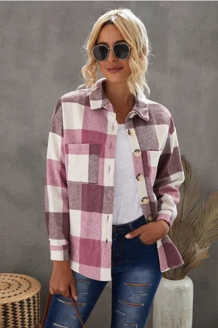 Casual long sleeve plaid wool coat in khaki, pink, and gray colors with a loose, relaxed fit