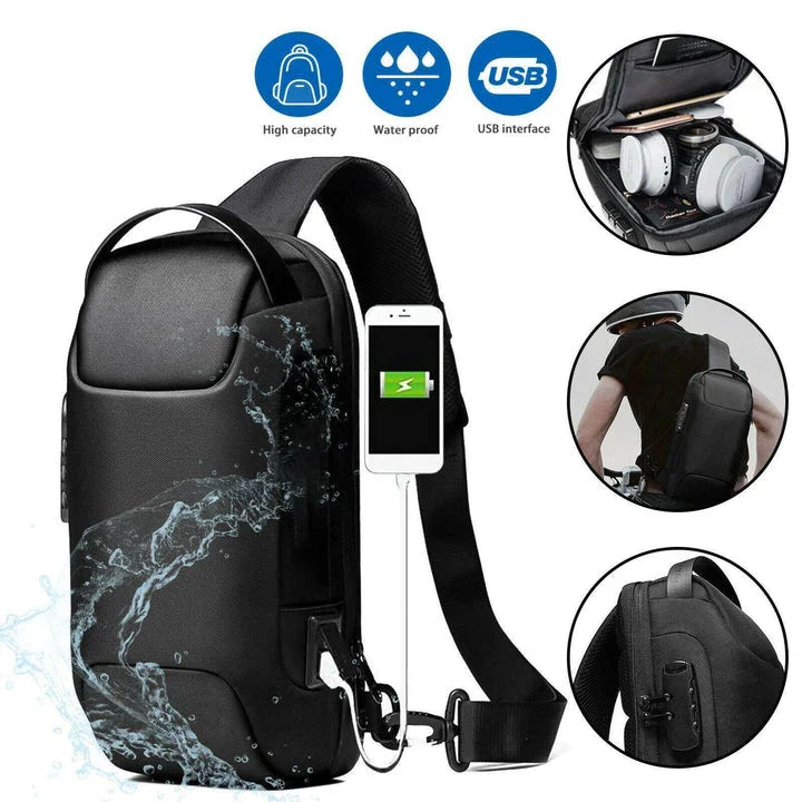 Durable waterproof crossbody bag with anti-theft features, USB charging, and spacious storage