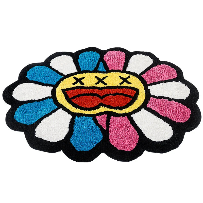 Cheerful smiley face tufted rug with vibrant pink and blue colors, providing a cozy and comfortable floor covering for any room in a Kiwi home.