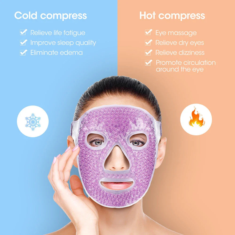 A purple hot and cold compress beauty mask made of soft suede fabric with adjustable design for comfortable facial care.