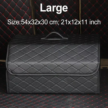 Collapsible leather car trunk organizer in black, designed to keep your vehicle tidy and organised.