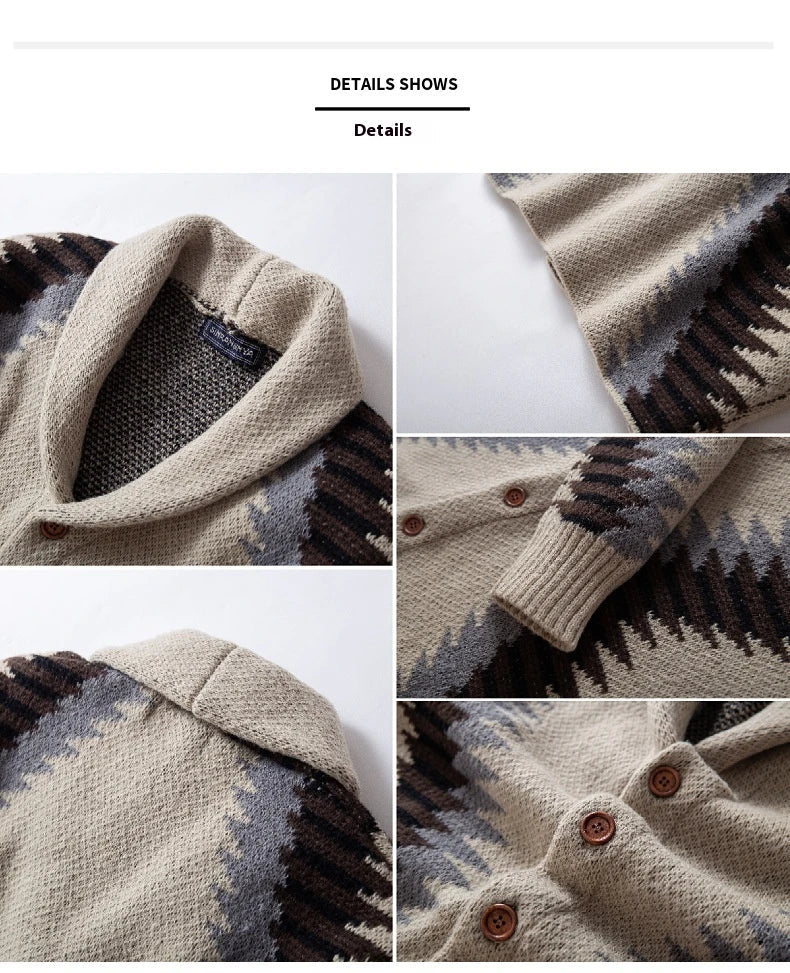 Warm, cozy knitted sweater in classic khaki hue with jacquard pattern, perfect for Kiwi men