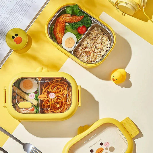 Stainless steel bento lunchbox with yellow lid and two compartments for healthy, leak-proof meals