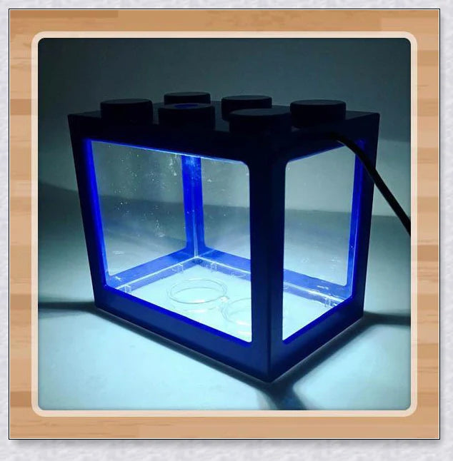 Stackable InspireHOME Mini Block Aquarium with LED lighting, showcasing various color options and configuration possibilities