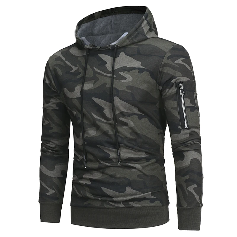 Delta 433 Tactical Camo Hoodie in green and gray colors, featuring a zipped side pocket, drawstring hood, and reinforced construction for durable Kiwi style and performance.