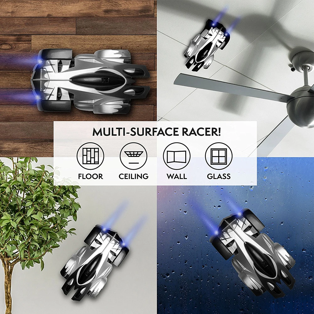 Gravity-defying RC wall climbing race car with suction technology, racing on a smooth surface