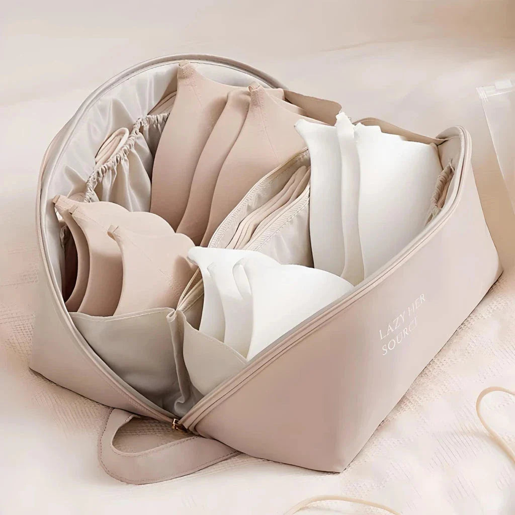 Compact Travel Underwear and Lingerie Organizer Bag in beige, pink, white, and blue colours