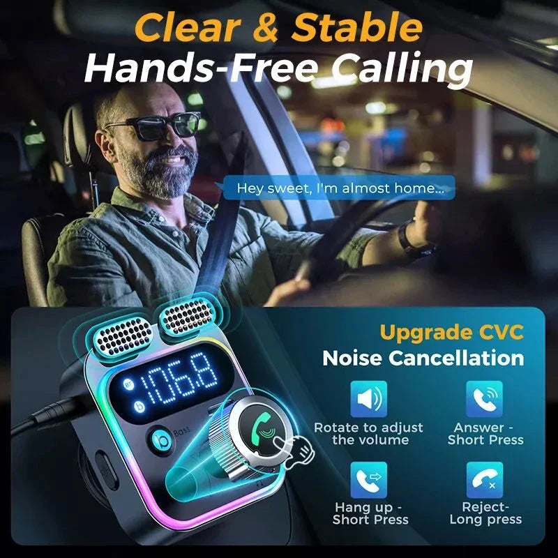 Bluetooth 5.3 FM Transmitter with Dual Mics, Booming Bass, and Fast Charging for Enhanced Driving Experience