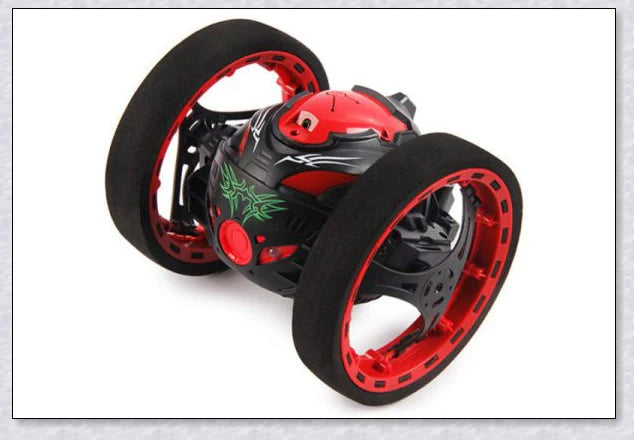 Mini 2.4GHz remote control bounce car in red and white, capable of jumping up to 31.5 inches high and performing stunts like 360-degree spins