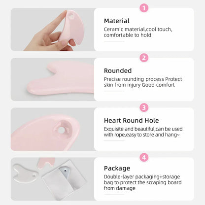 Ceramic Gua Sha Face Massager in various colors - Pink, Blue, and White - for skin rejuvenation and relaxation