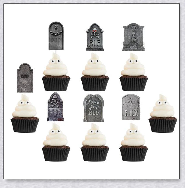 Spooky tombstone-themed cupcake toppers with skeleton designs, perfect for Kiwi Halloween parties and events