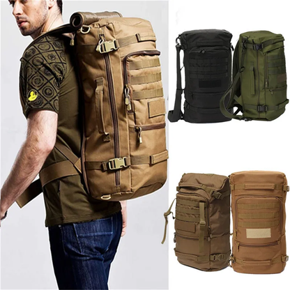 Tactical Waterproof Backpack in various Kiwi-inspired colours, featuring a durable 50L or 60L capacity for outdoor adventures.