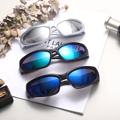 Stylish mirror sunglasses with a futuristic design, providing 100% UV protection and anti-reflective coating for Kiwis