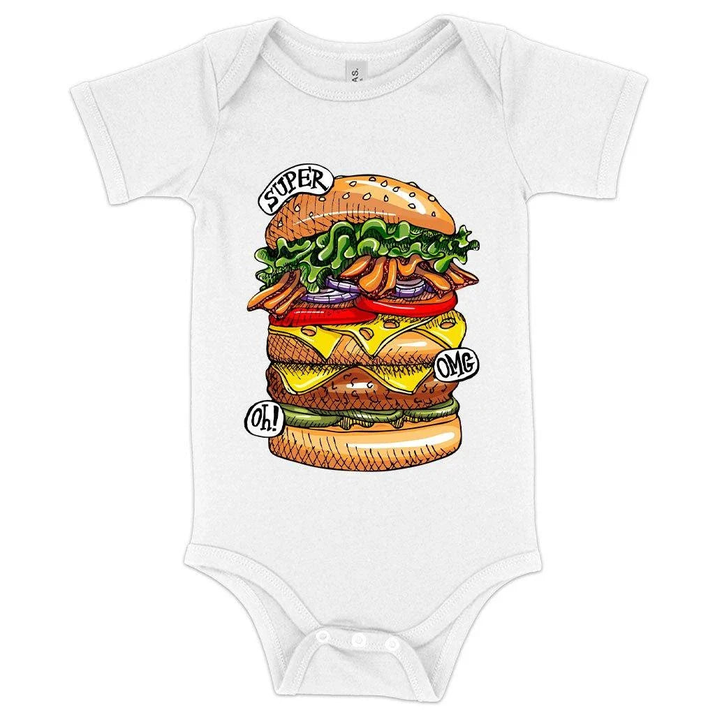 A cozy, flexible baby onesie featuring a fun kai burger graphic design, made of premium Airlume cotton for softness and sustainability.