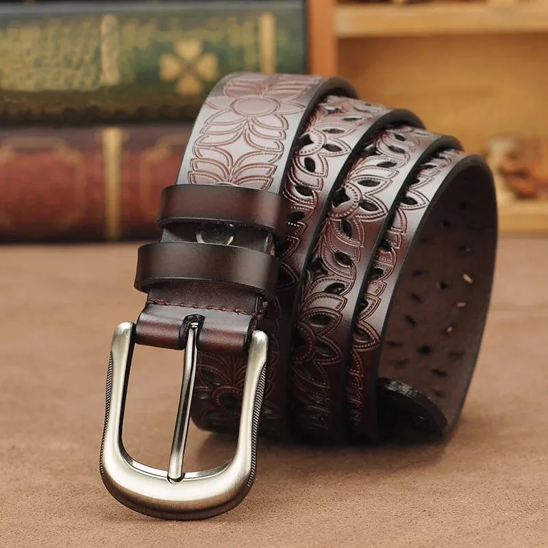 Stylish carved genuine leather belt in brown, black, red, and white colors with adjustable lengths