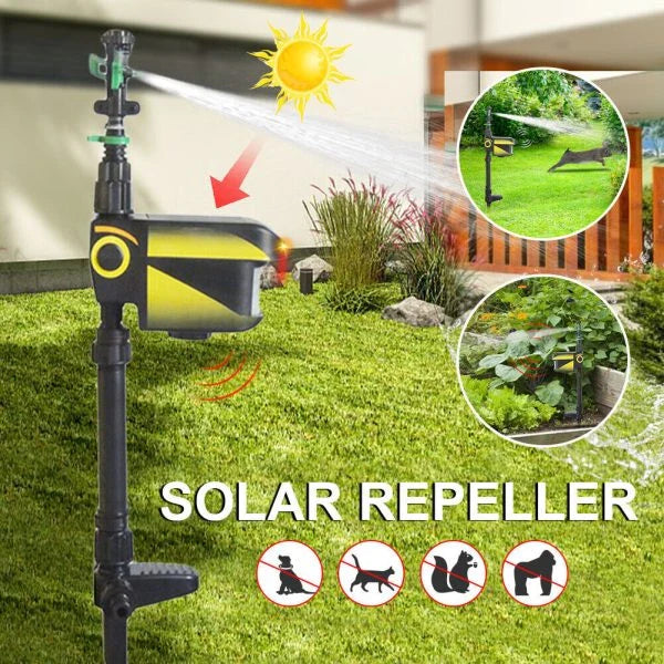 Garden Solar Scarecrow with motion-activated water sprinkler for humane animal deterrence and pest control