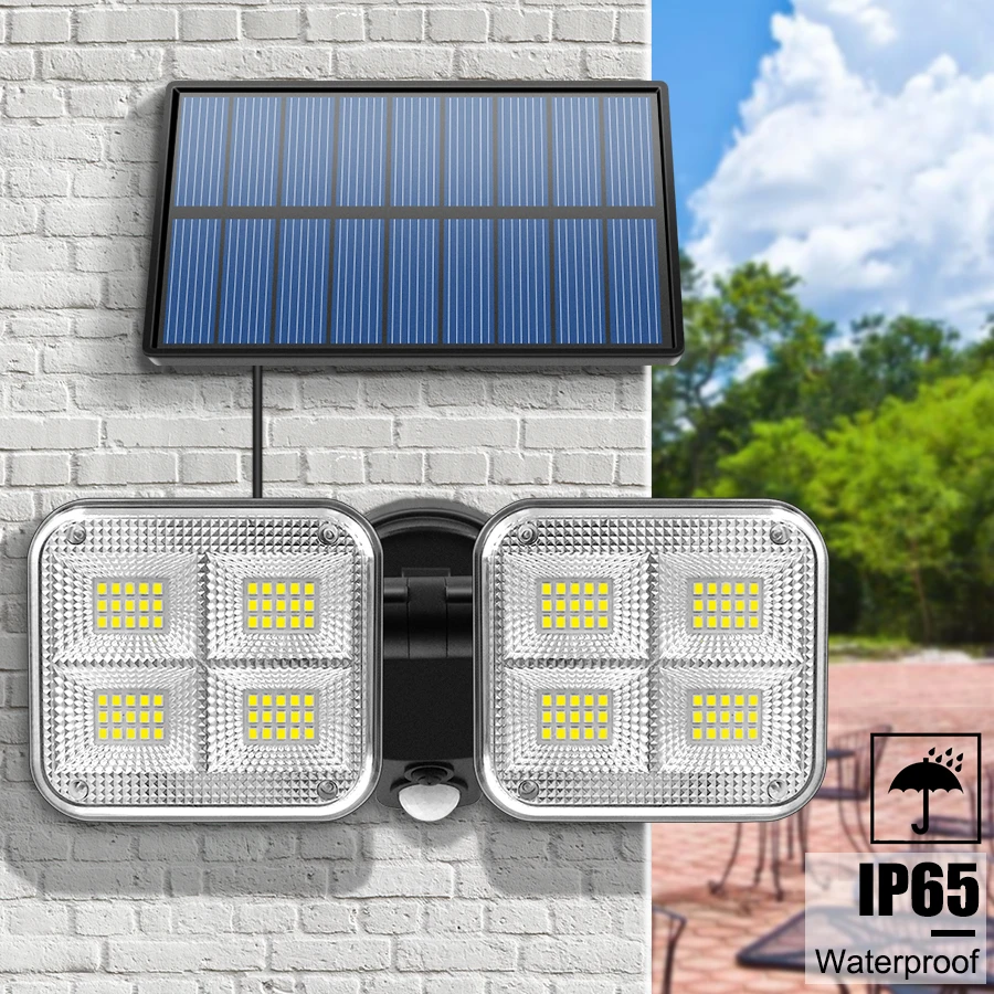 A super bright, adjustable solar-powered LED light with three rotatable heads for customizable outdoor lighting