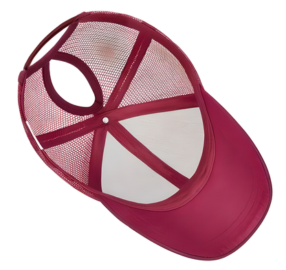 Women's mesh ponytail cap in various glitter and plain colours, featuring a sun visor and breathable design for comfort and style.