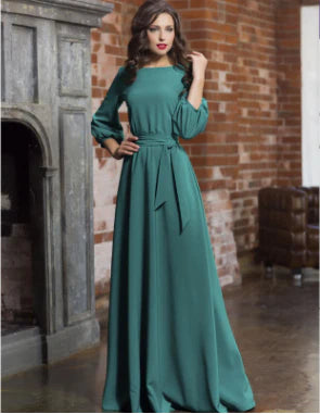 Elegant A-Line long dress with lantern sleeves, featuring a unique collage and splicing design in a timeless pure colour