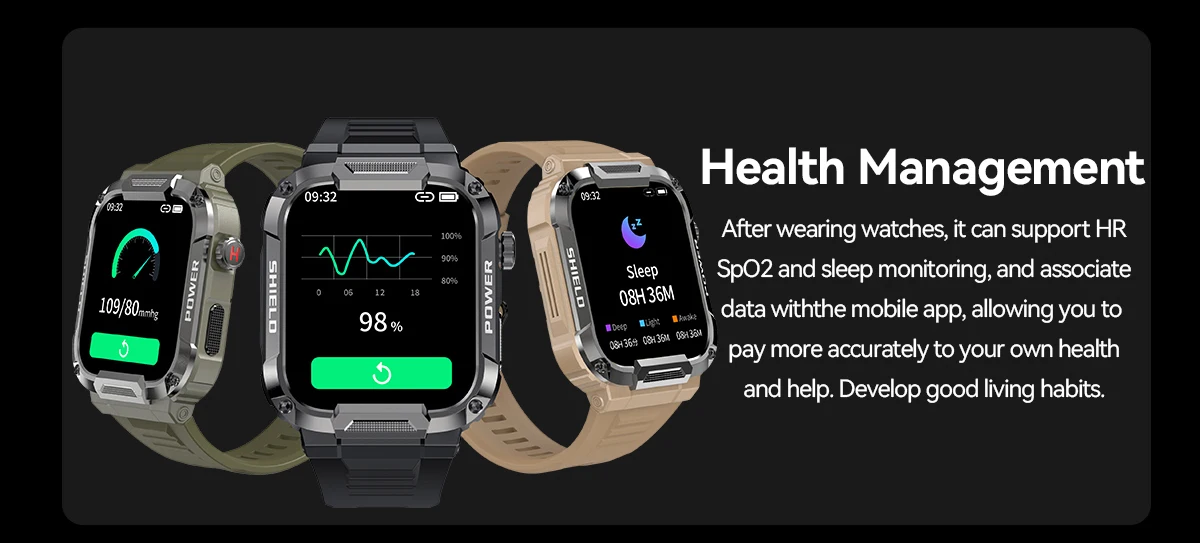 Rugged military-grade smartwatch with anti-smash and anti-fall design, real-time weather forecasts, and advanced health monitoring features