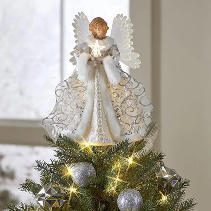 Glowing golden angel doll Christmas tree topper with intricate design, perfect for adding festive cheer to any Kiwi holiday display