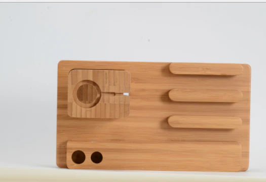 Bamboo mobile and watch holder with USB charging ports for smartphones, tablets, and smartwatches