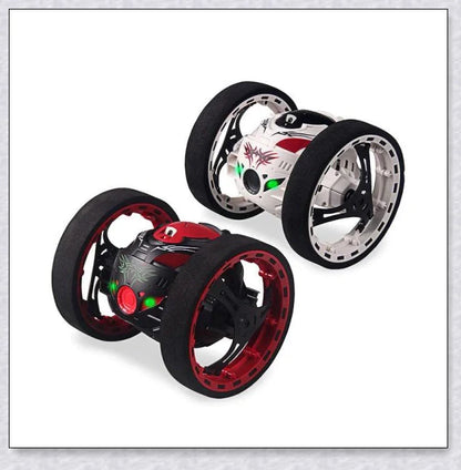 Mini 2.4GHz remote control bounce car in red and white, capable of jumping up to 31.5 inches high and performing stunts like 360-degree spins