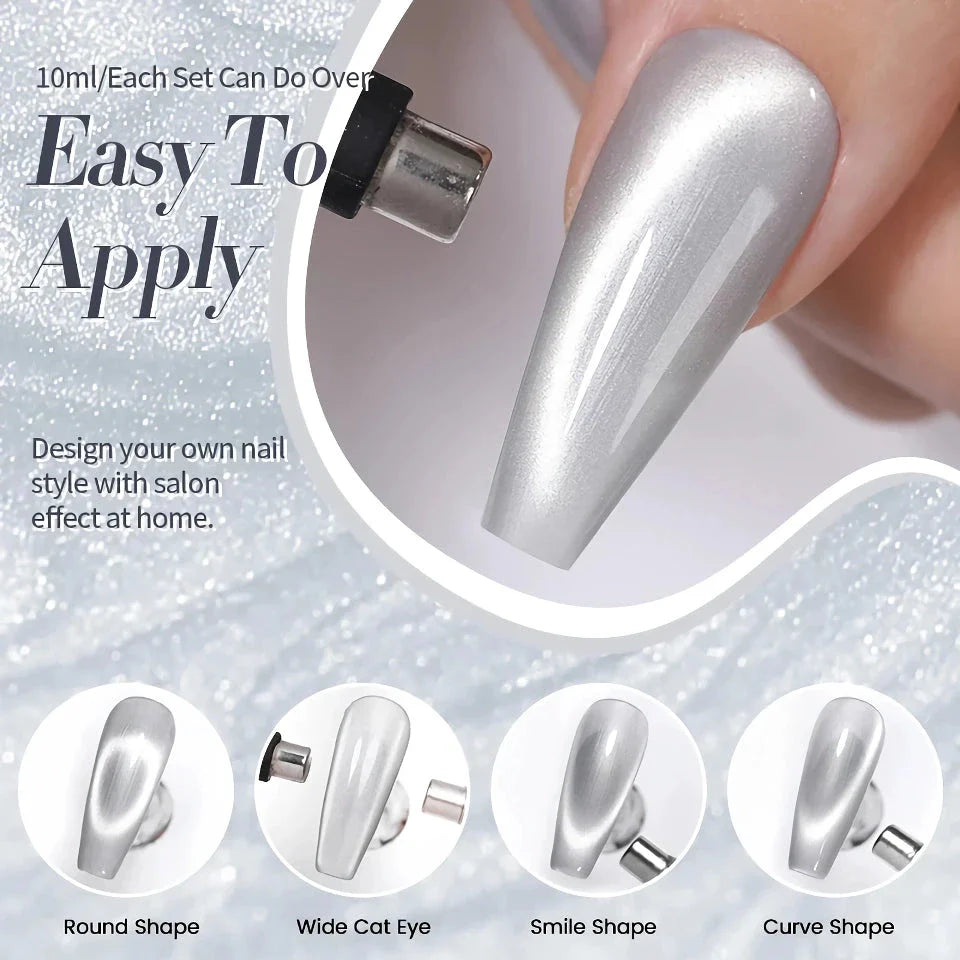 Cat Magnetic Moonlight Gel Nail Polish Set featuring a shimmering white silver shade that sparkles like the night sky