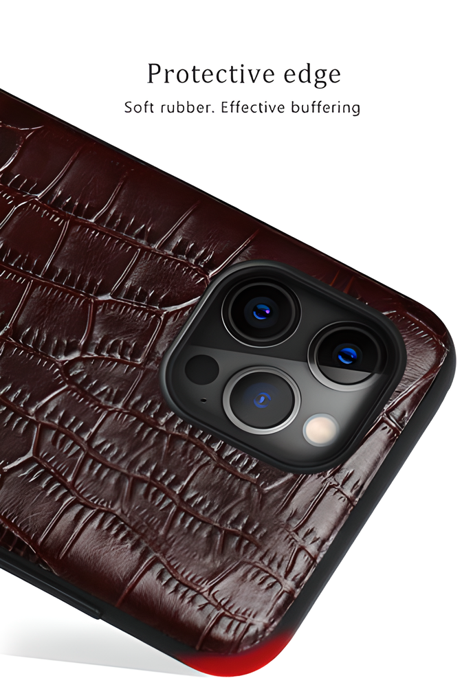 Durable leather iPhone case with shock-absorbing frame, elevated camera cover, and oleophobic coating for premium protection