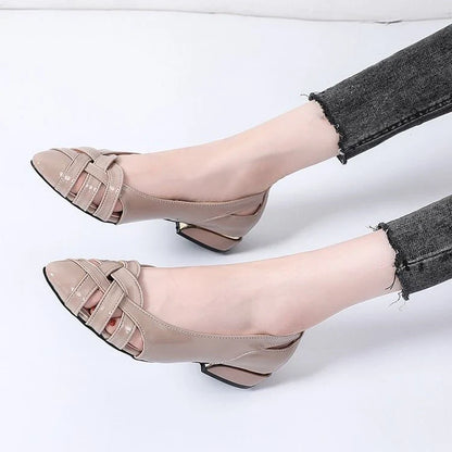 Comfortable and stylish women's pointed toe low-heel fashion shoes with a unique hollow design, available in black, khaki, and beige colours