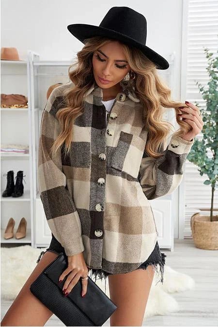 Casual long sleeve plaid wool coat in khaki, pink, and gray colors with a loose, relaxed fit