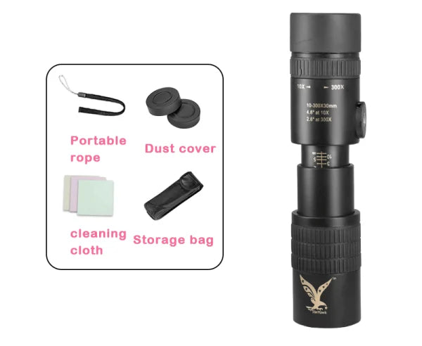 A premium super telephoto zoom monocular telescope with 10-300x optical zoom, advanced stabilisation, and night vision for capturing distant worlds in stunning detail