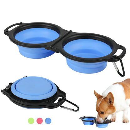 A pair of collapsible dog bowls made from premium silicone and plastic, perfect for outdoor adventures with your Kiwi pup.