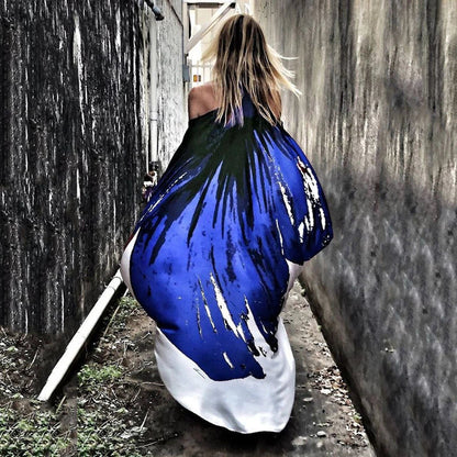 Stylish inclined shoulder printed dress set with a flowing, large swing-style skirt and vibrant patterns