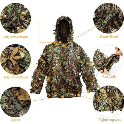 Ghillie Camouflage Camo Suit with 3D leafy design for superior concealment and all-weather performance