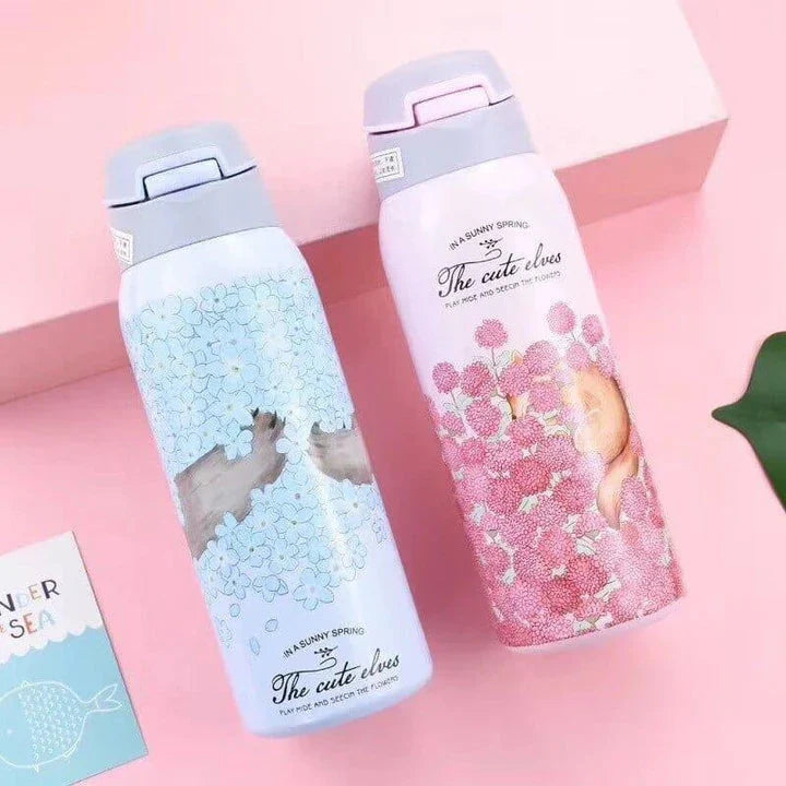 Stylish floral-patterned double-walled water bottle with straw, designed to keep drinks ice-cold for up to 12 hours in the warm New Zealand summer