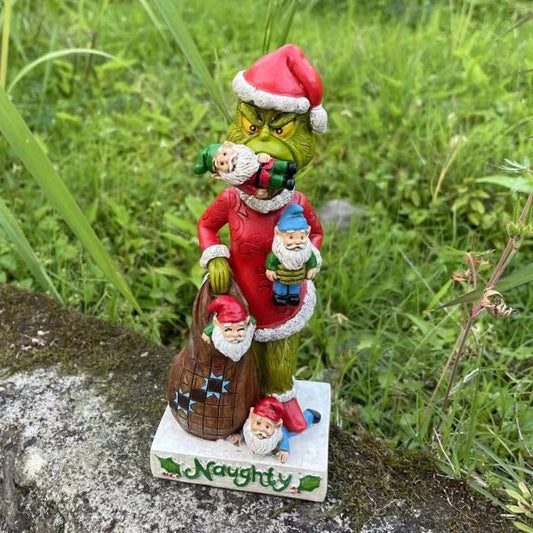 Vibrant Grinch and Gnome outdoor Christmas decoration made from durable, weather-resistant resin