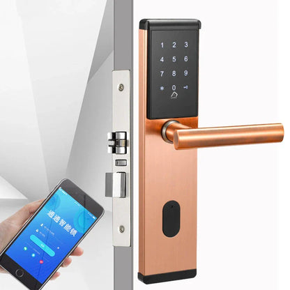 A sleek, stainless steel smart lock with a touchscreen panel and mobile app integration for remote access and control.