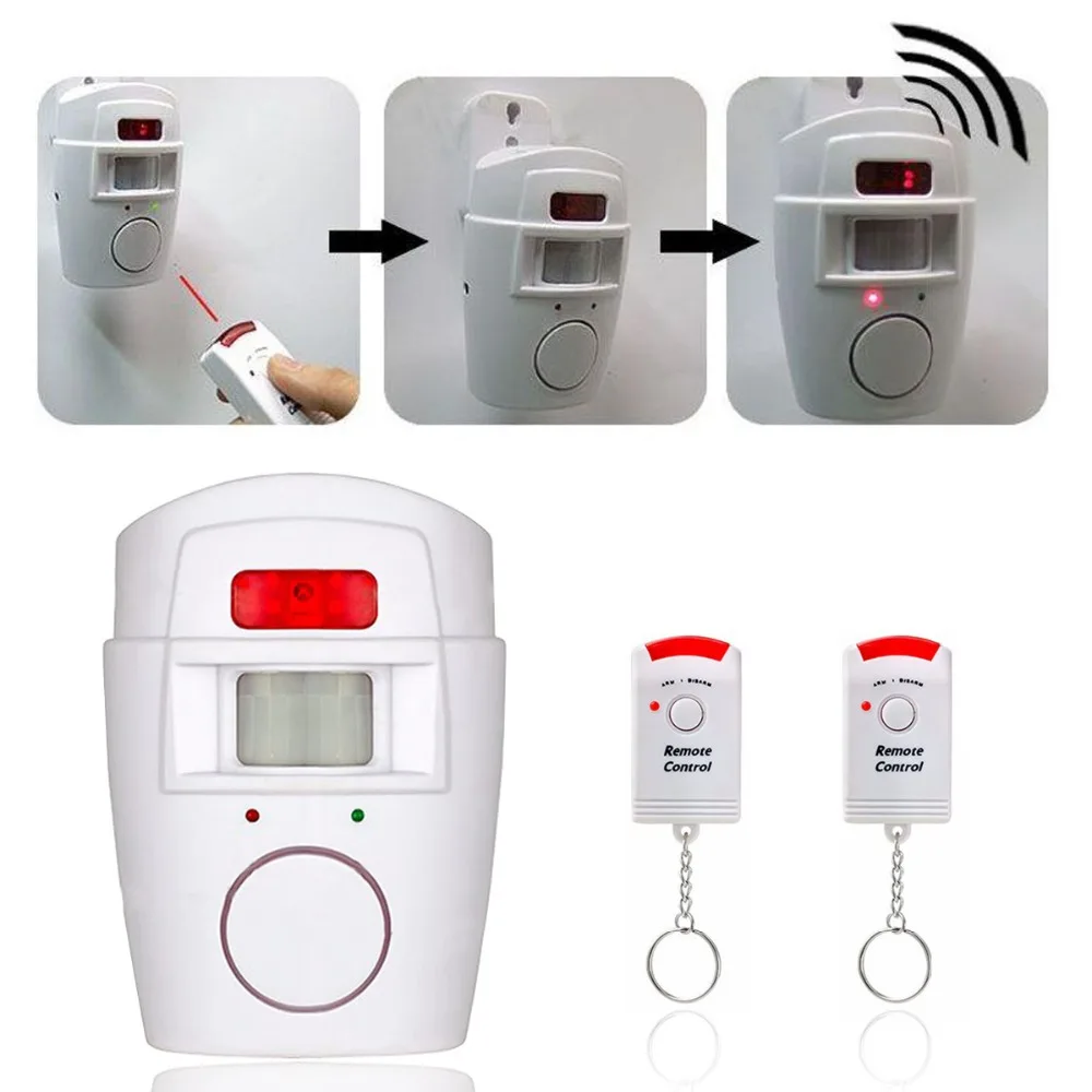 Wireless IR Motion Sensor Alarm Security System with 105 dB Siren, 110-Degree Coverage, and Remote Controls