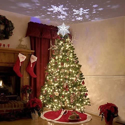 Sparkling Snow Flurry Christmas Tree Topper with 3D star design, LED projector, and rotating multicolour patterns