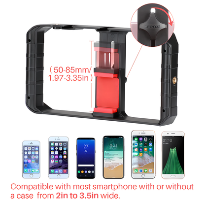 Smartphone video rig with accessories like LED light and microphone, providing stable and professional-grade filming capabilities