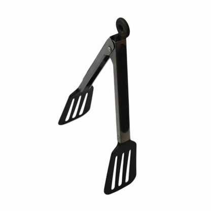 Black stainless steel BBQ tongs with a modern and sleek design, perfect for grilling and outdoor cooking.