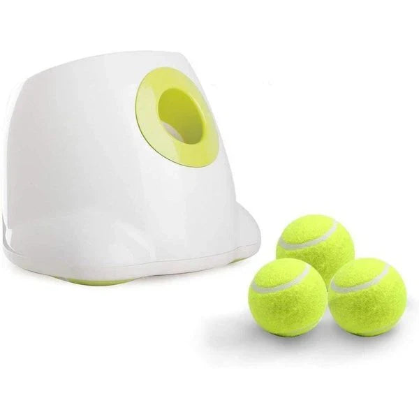 Automatic Tennis Ball Launcher, a device designed to launch tennis balls for small to medium-sized dogs to chase and retrieve, providing exercise and mental stimulation.